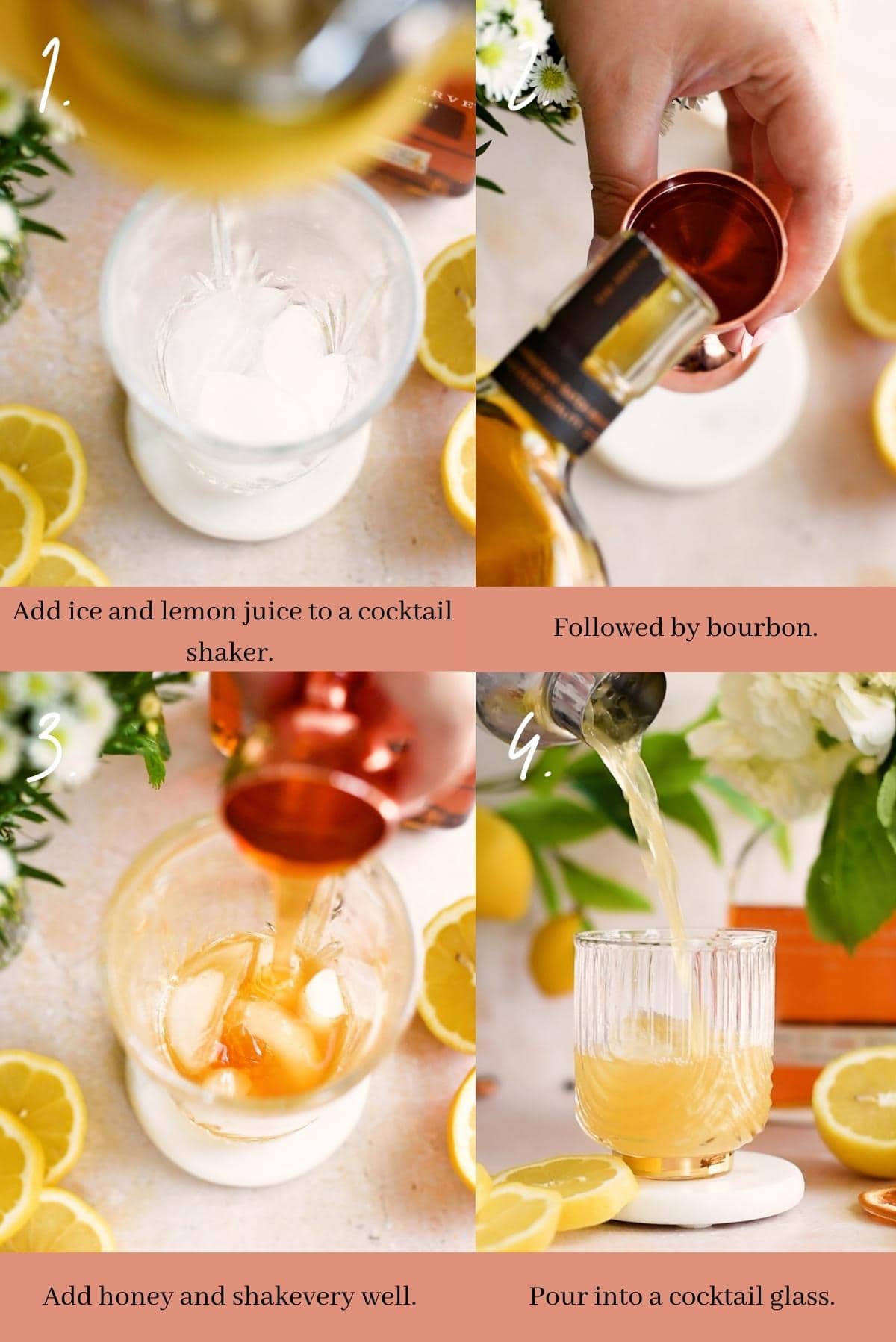 Collage showing how to make a gold rush cocktail.