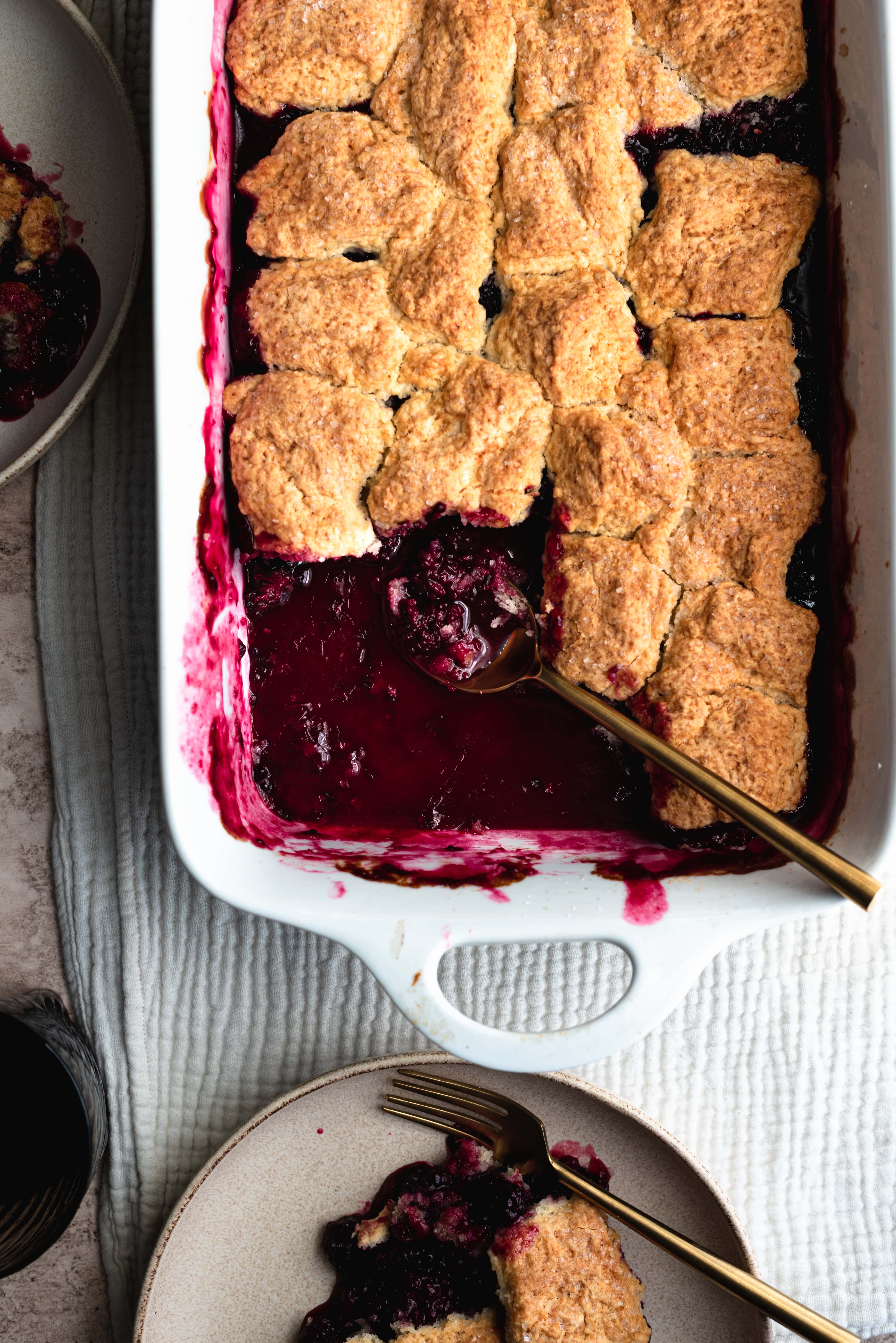 Bourbon blackberry cobbler in baking dish