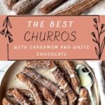 cardamom churros with white chocolate drizzled on top