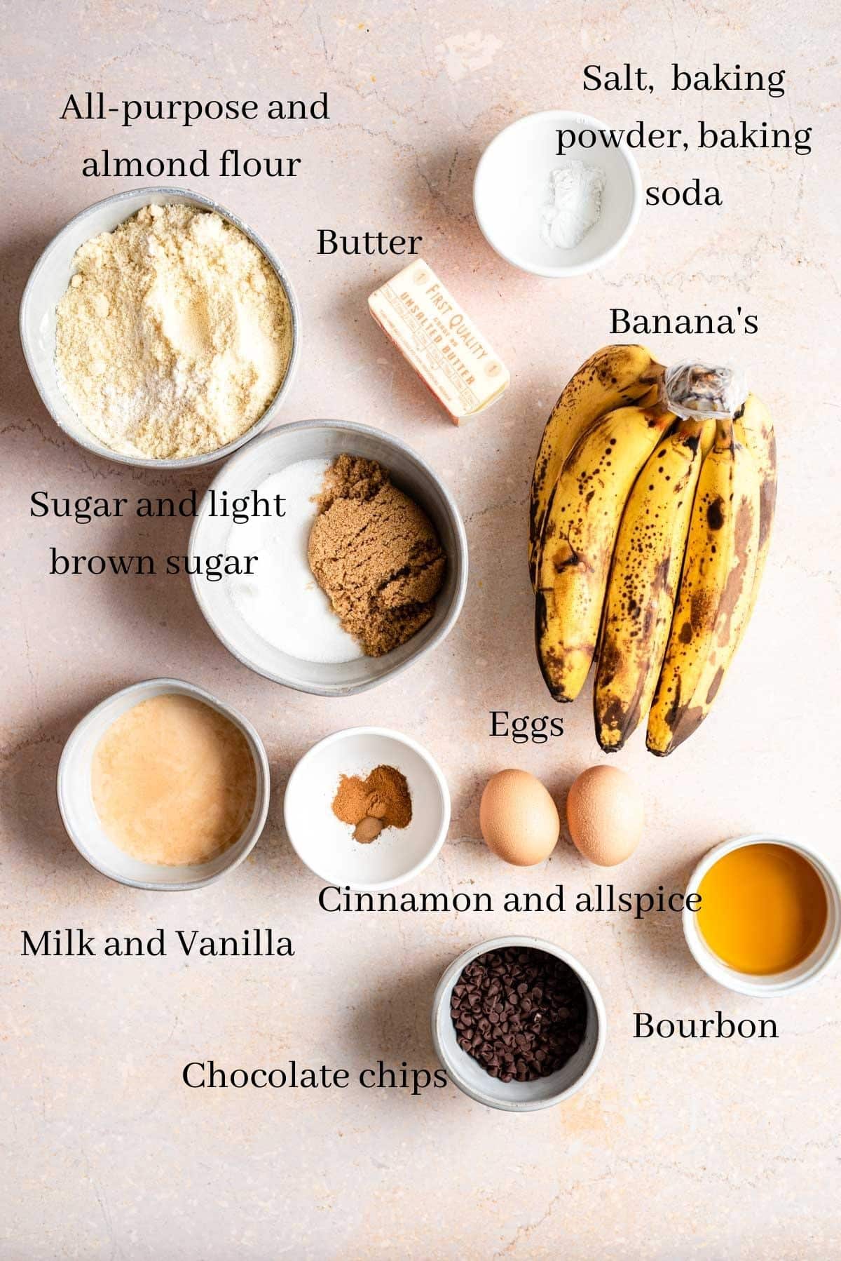 Bourbon banana bread ingredients on a brown table. 