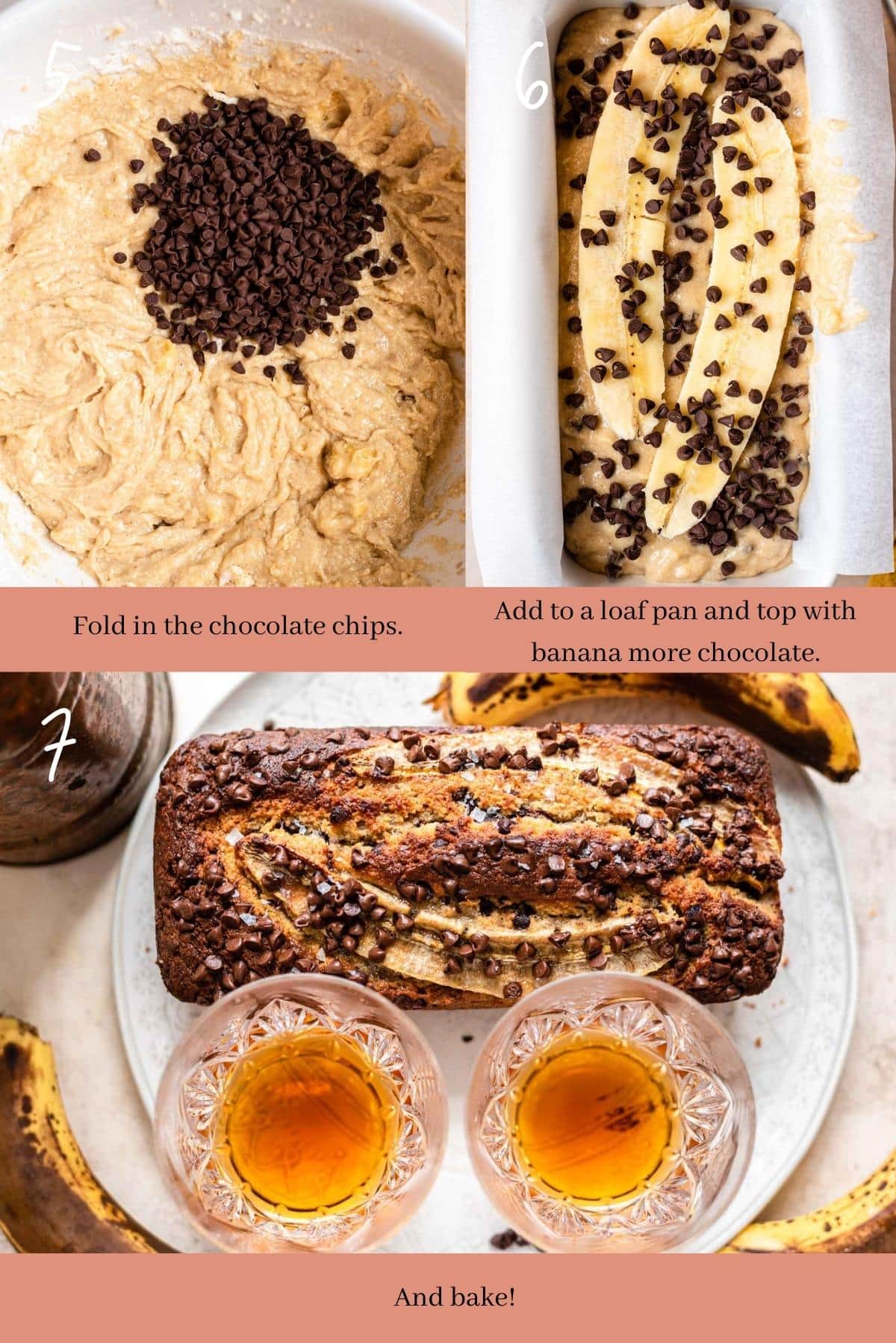 Collage showing how to make bourbon banana bread.