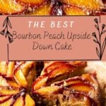 Bourbon Peach Upside-Down Cake on parchment paper and table