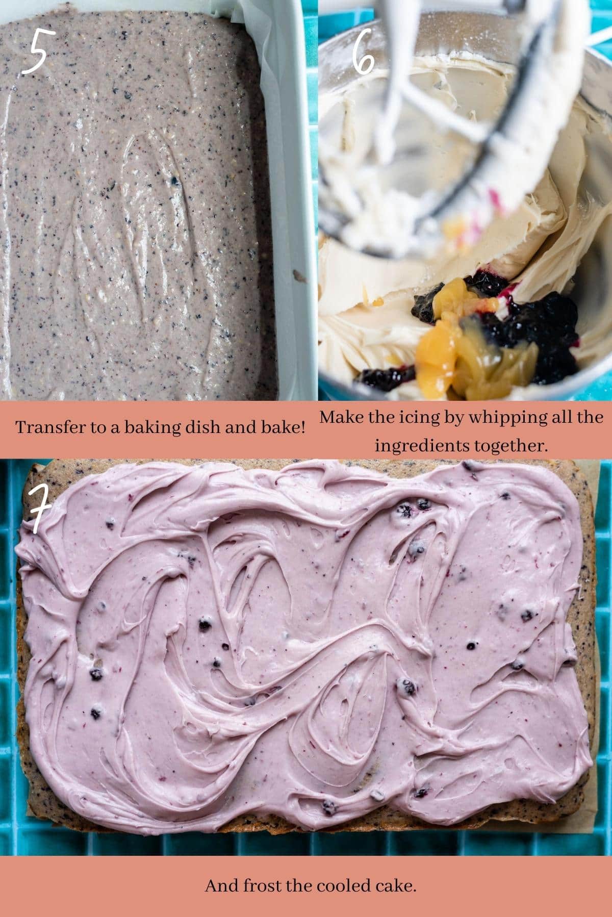 Collage showing how to make blueberry cake.