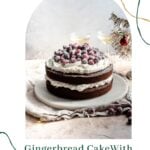 Two layers of gingerbread cake with bourbon whipped cream in-between and on top of each layer. Topped with candied cranberries and on a marble plate.
