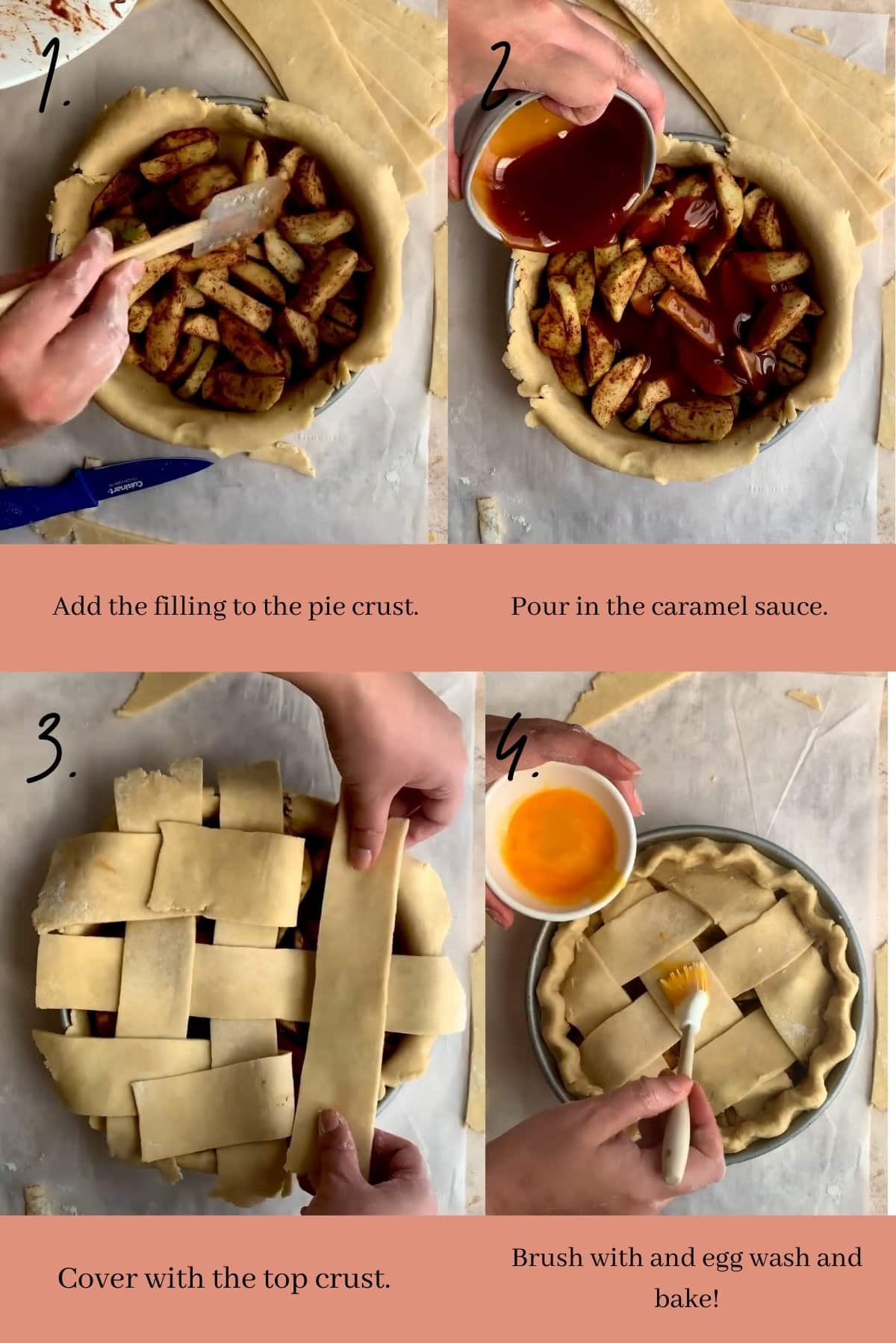 Collage on how to assemble caramel apple pie