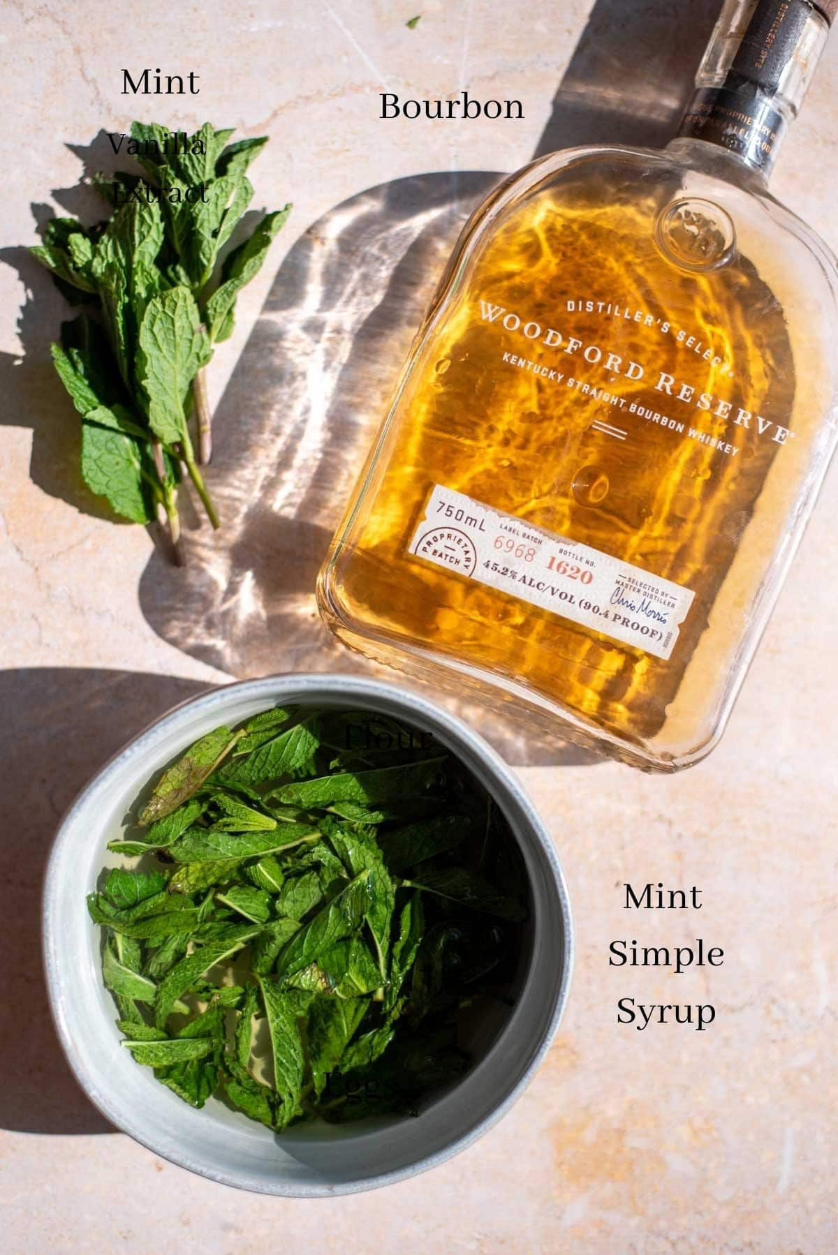 Mint julep ingredients shot from overhead on a brown table.