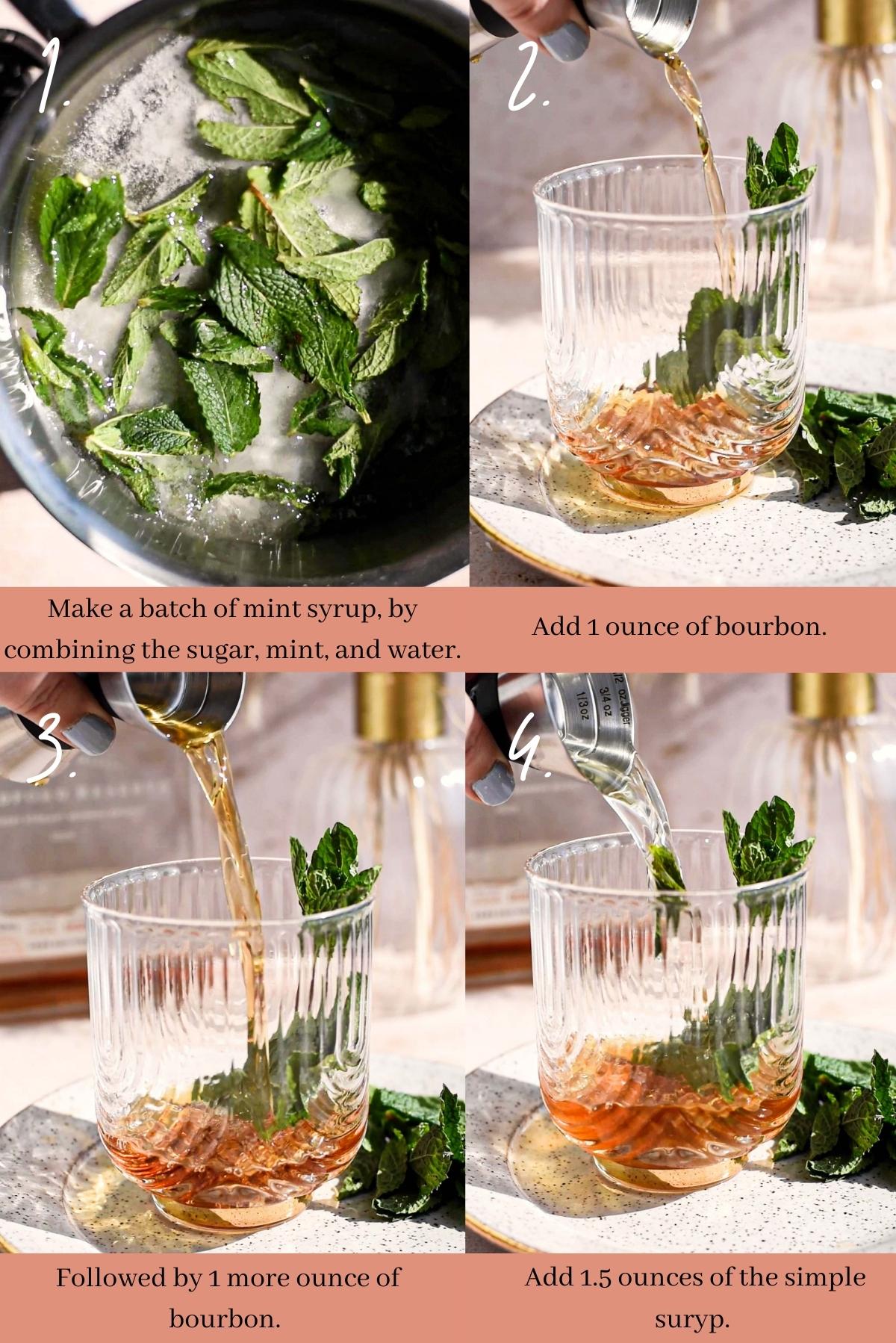Collage showing how to make a mint julep.