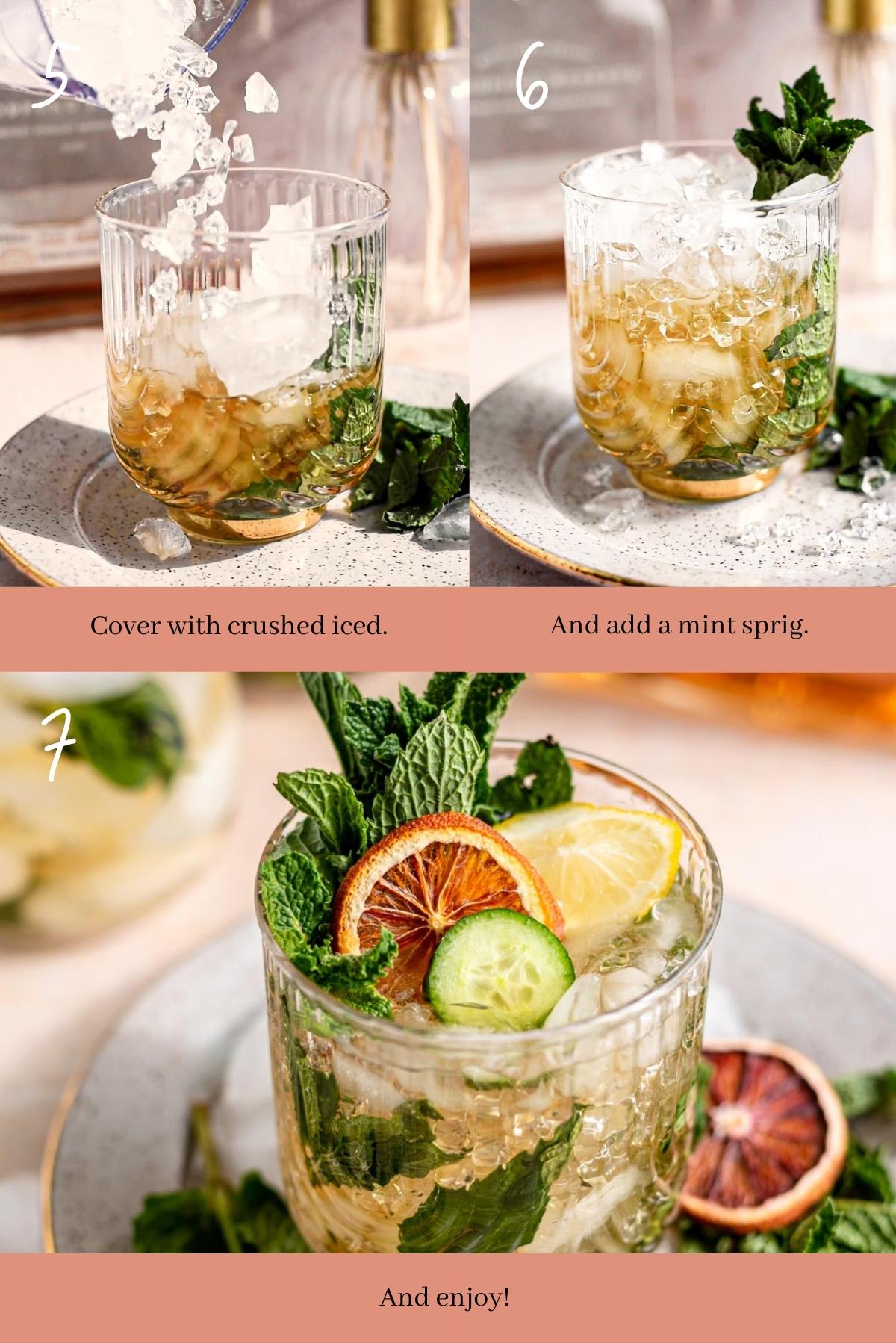 Collage showing how to make a mint julep.