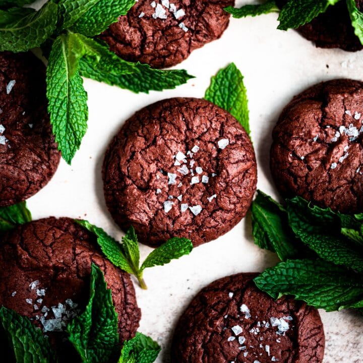 Brownie cookie on a table with fresh mint
