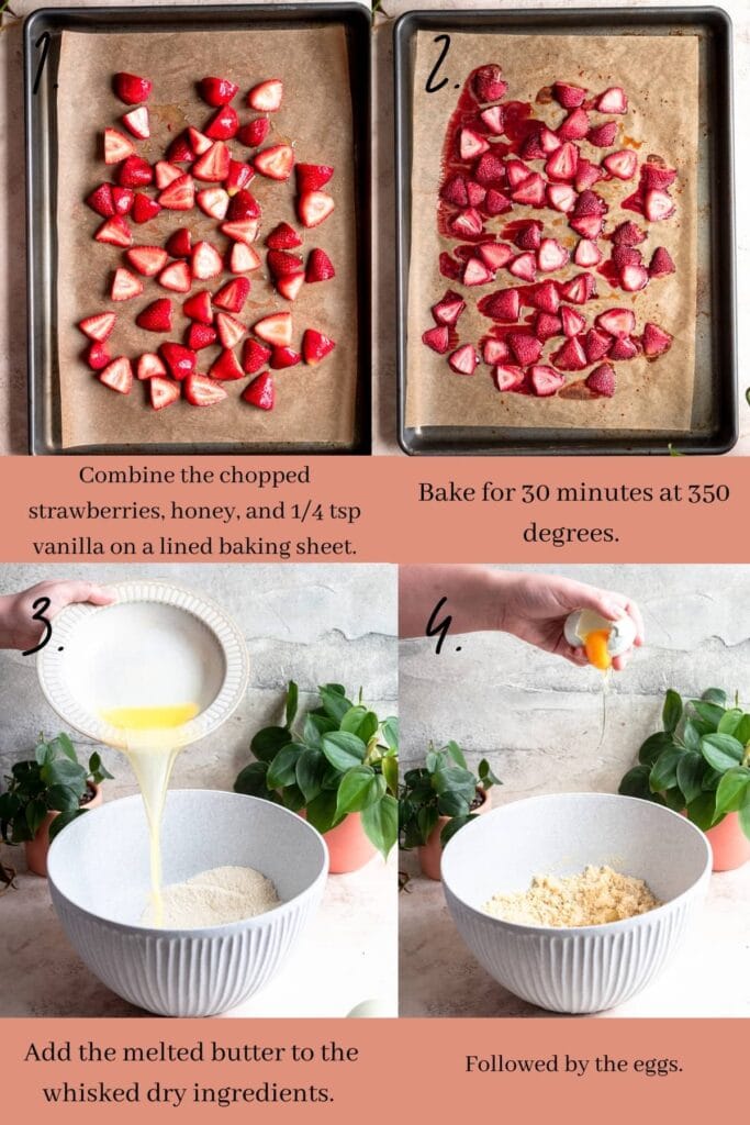 Process shot showing how to roast strawberries and mix the flour