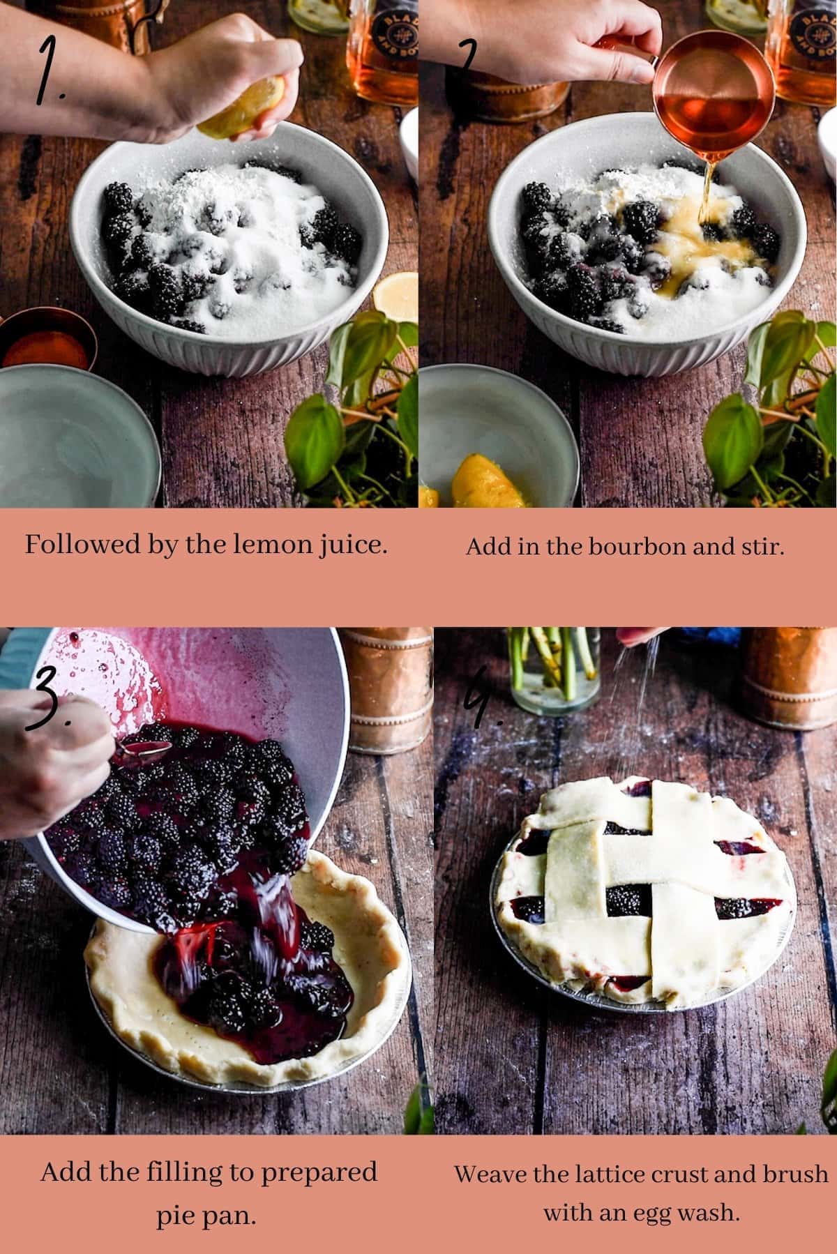 Step by step instructions showing making the blackberry filling and lattice crust. 