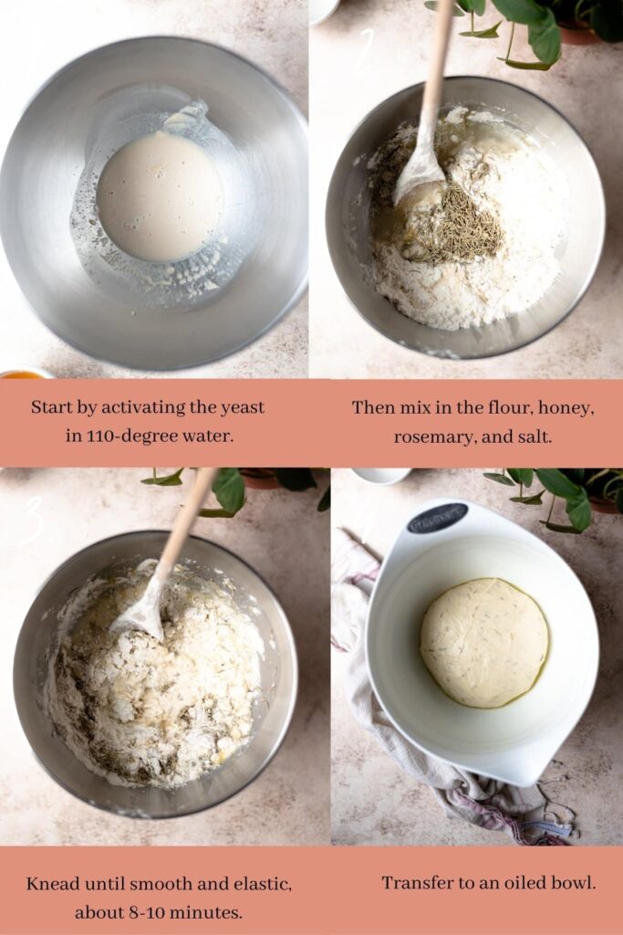 Collage of the first steps for rosemary dinner rolls