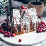 House shipped gingerbread bunt cake on a marble platter with cranberries