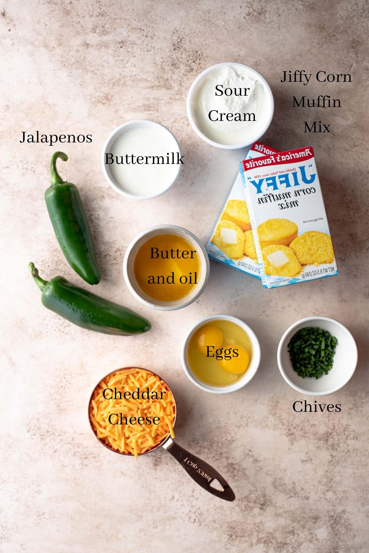 Ingredients for jalapeno cornbread on a table.