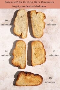 Slices of bread baked in the oven for different times,