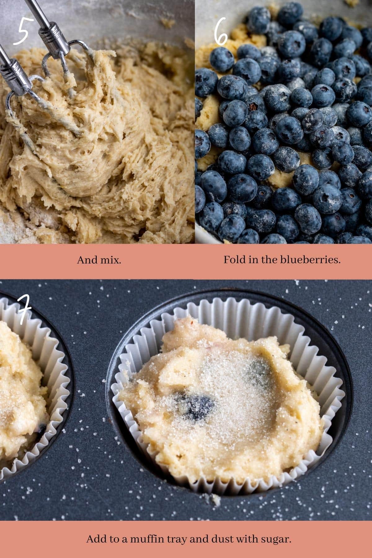 Collage showing how to make blueberry muffins.