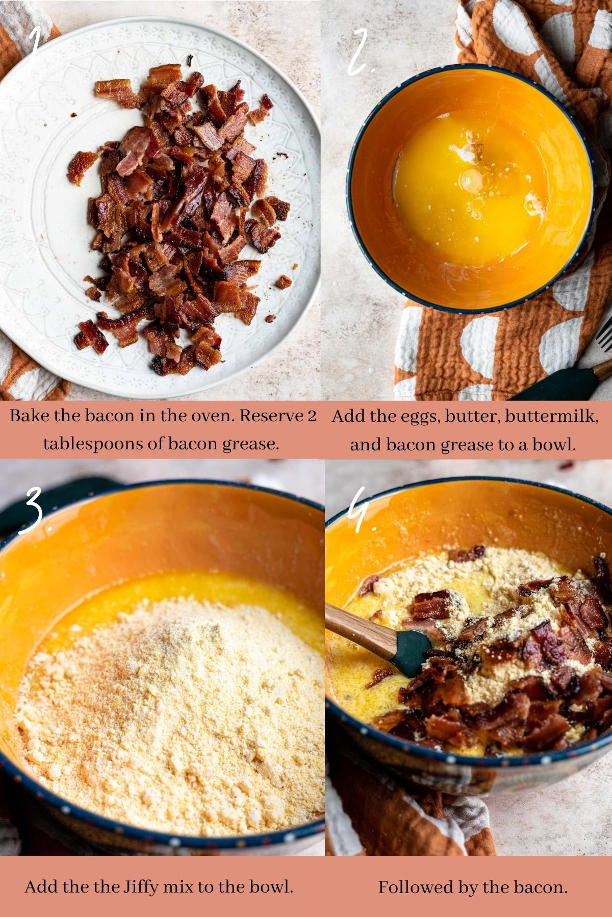 Collage showing how to make bacon cornbread muffins.