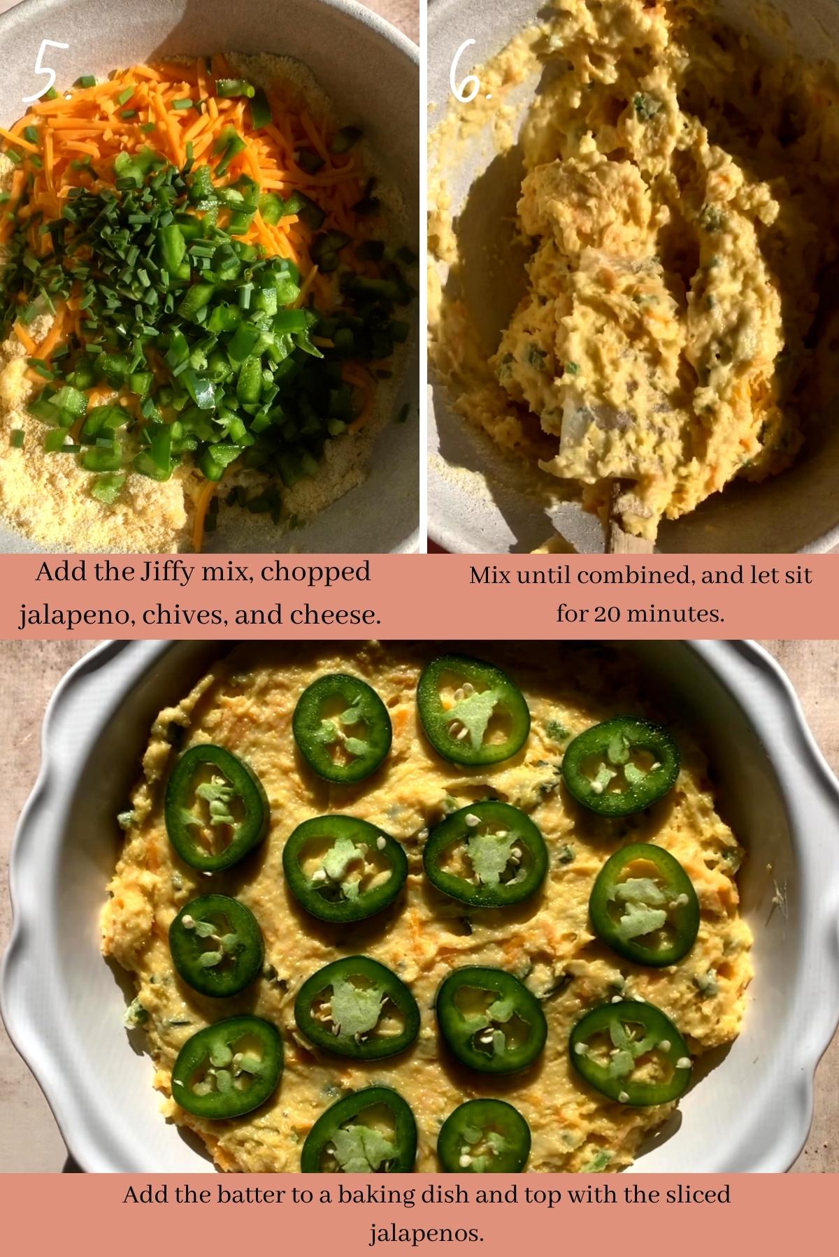 Collage showing how to make jiffy jalapeño cornbread.