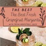 Grapefruit margarita garnished with cucumber and mint on a brown table.