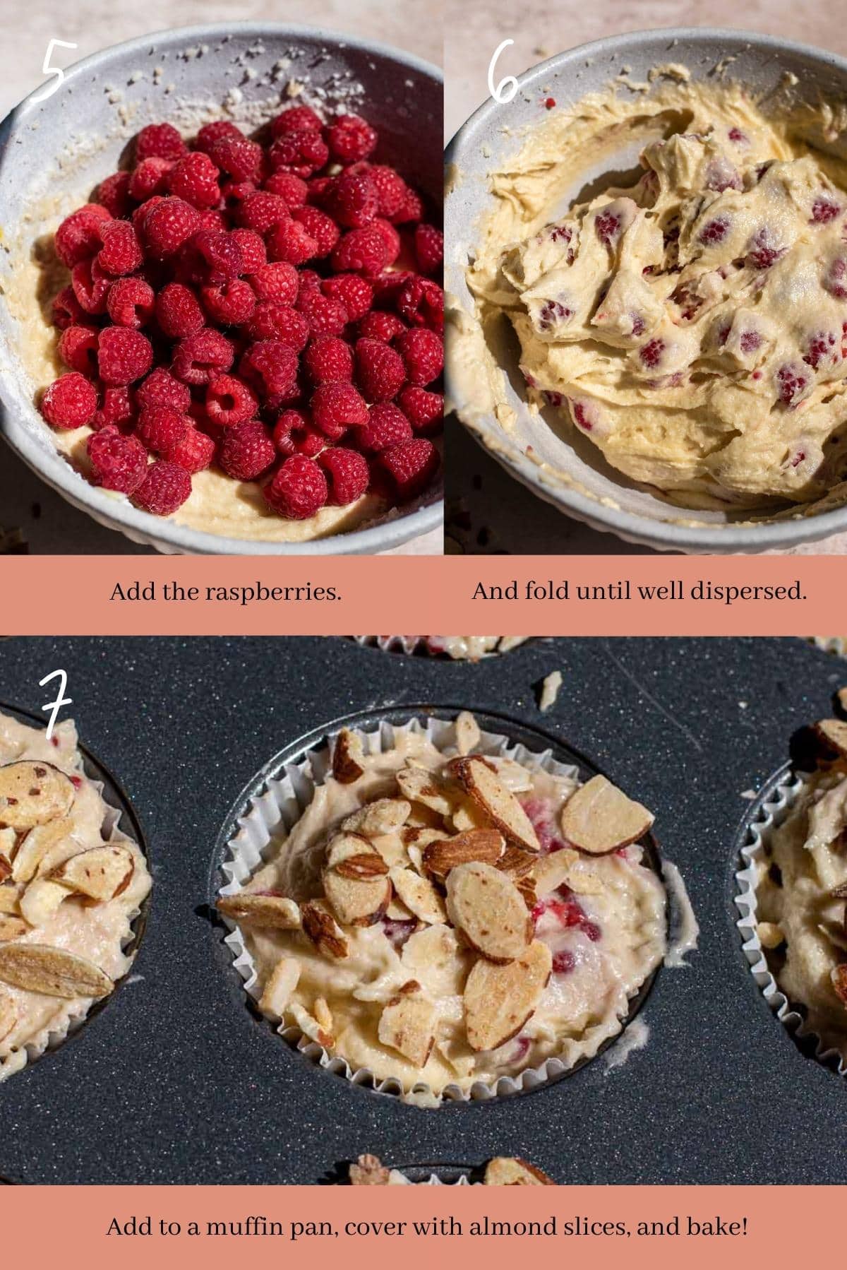 Collage showing out to make raspberry almond muffins.