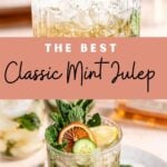 Mint julep in a clear glass surrounded by ice and mint.