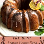 Lemon pound bunt cake with three slices cut and laying with in the ring of the bunt.