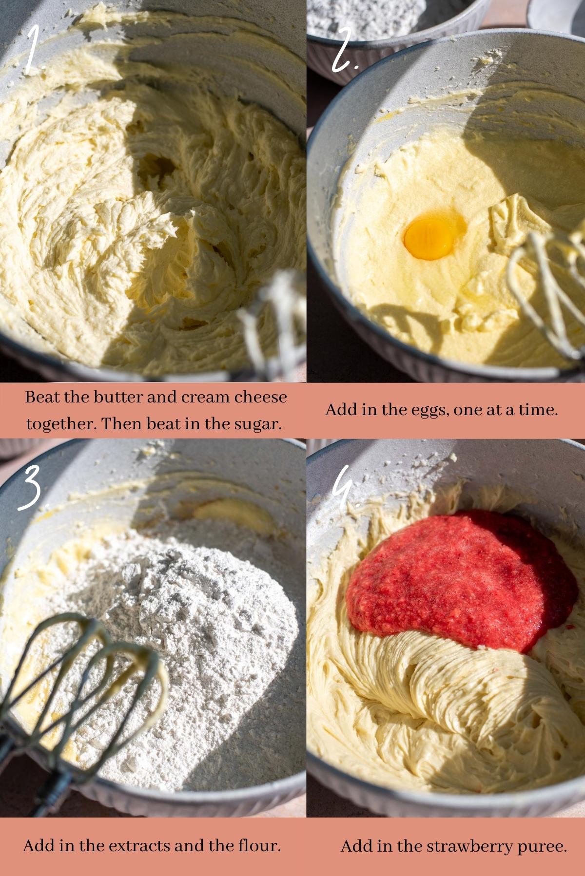 Collage showing how to make strawberry pound cake.