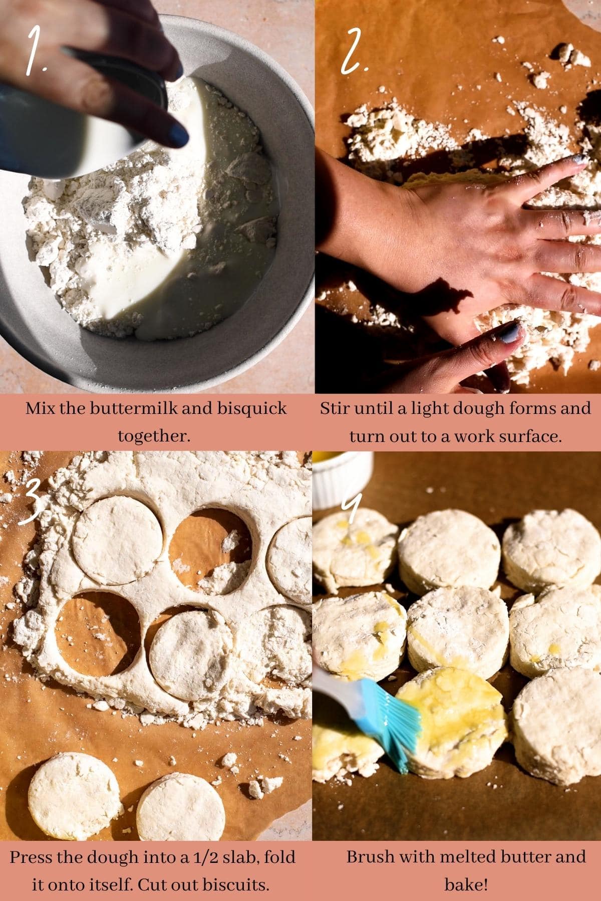 Collage showing how to make Bisquick biscuits.