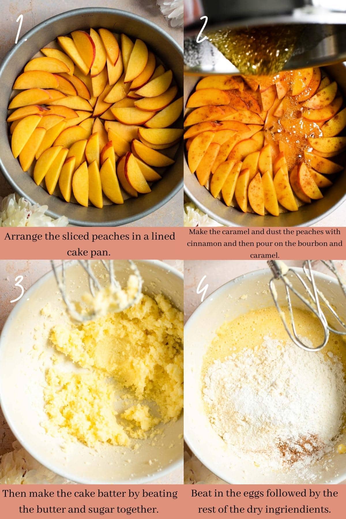 A collage showing the steps to make a peach upside down cake.