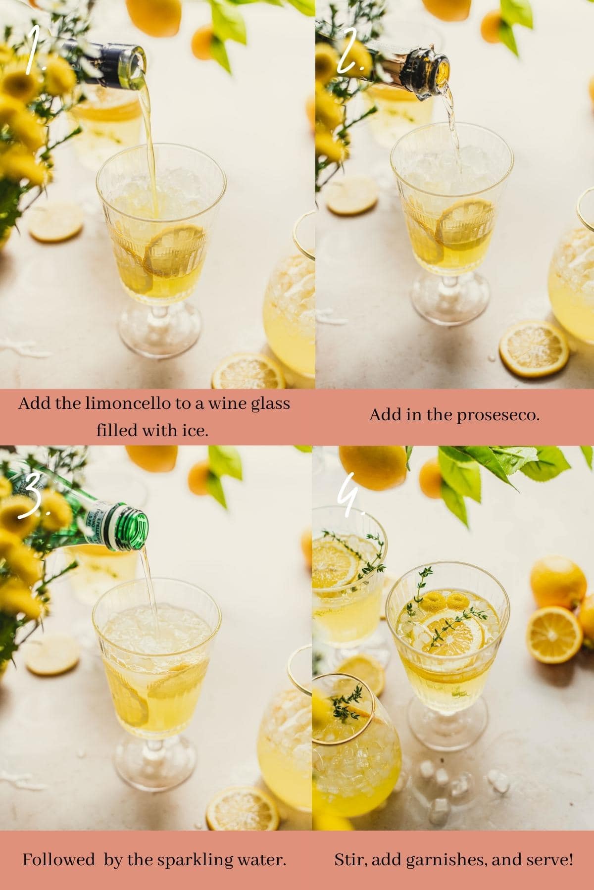 Collage showing the steps to make limoncello spritzer