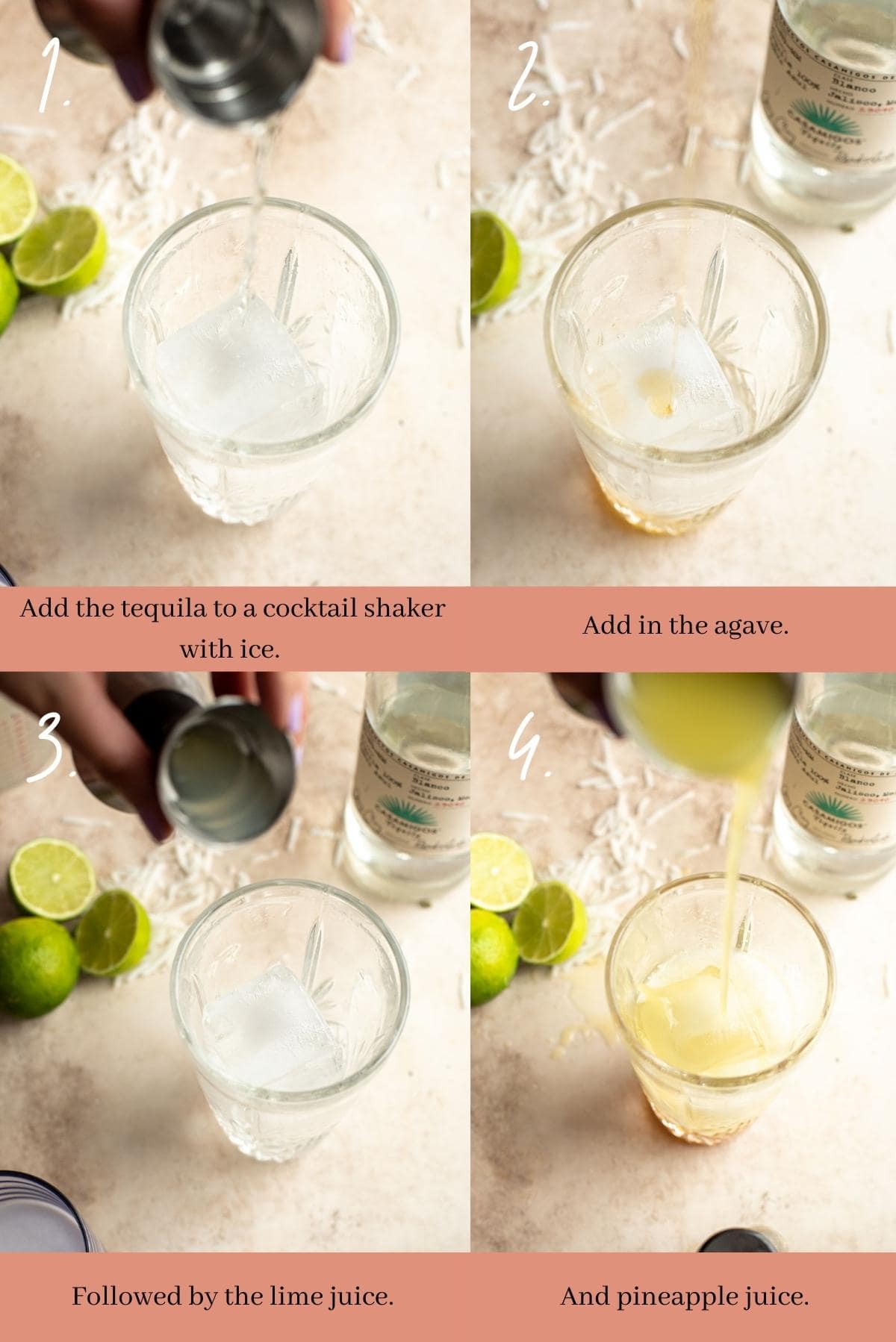 collage showing how to make a coconut pineapple margarita.