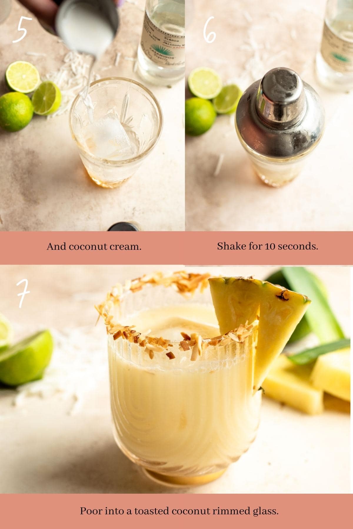 collage showing how to make a coconut pineapple margarita 2.