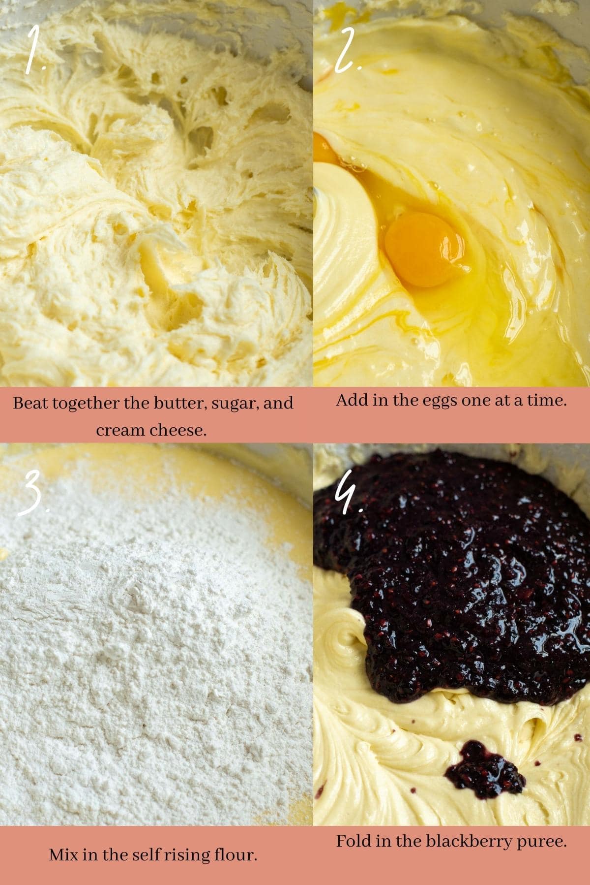 Collage showing how to make a blackberry pound cake.