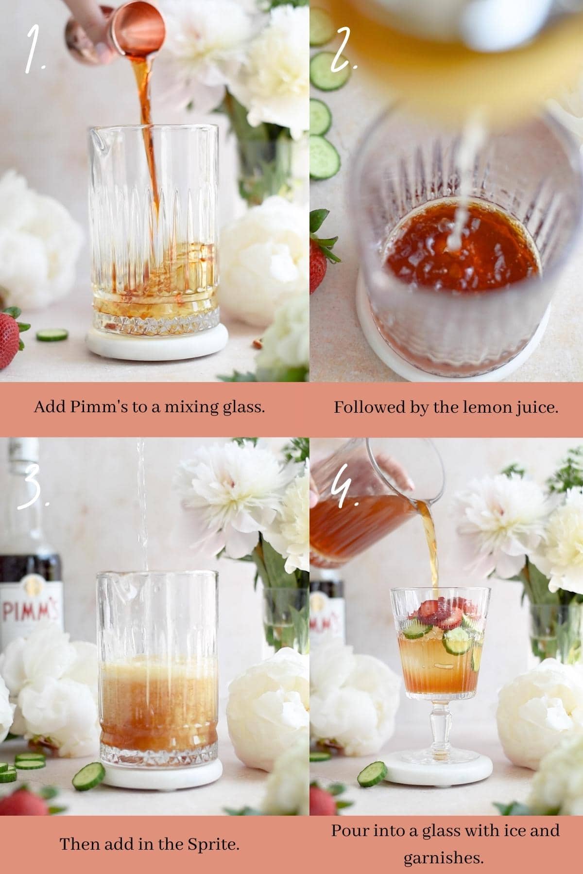 A collage showing how to make a Pimm's Cup.