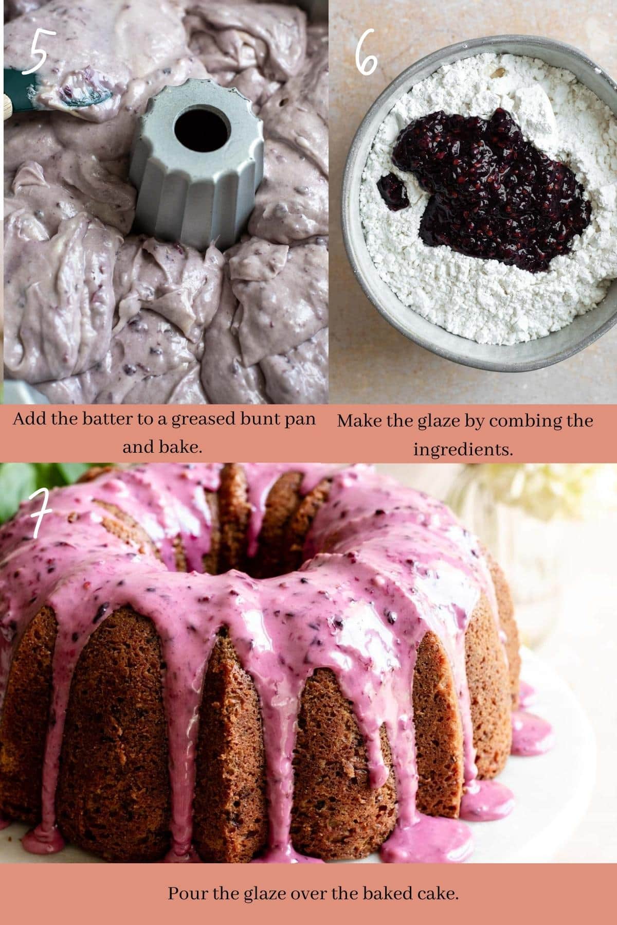 Collage showing how to make a blackberry pound cake.