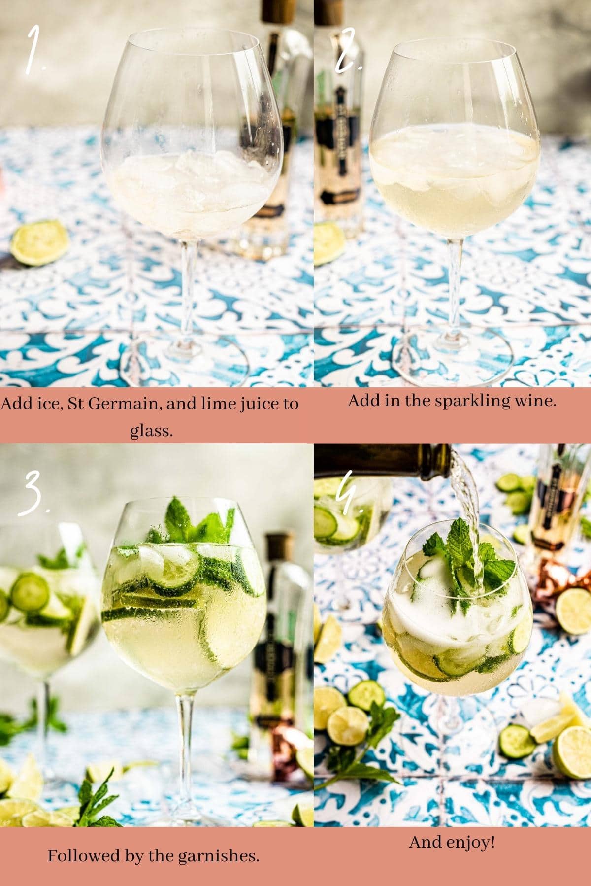 Collage showing how to make a st germain spritz.