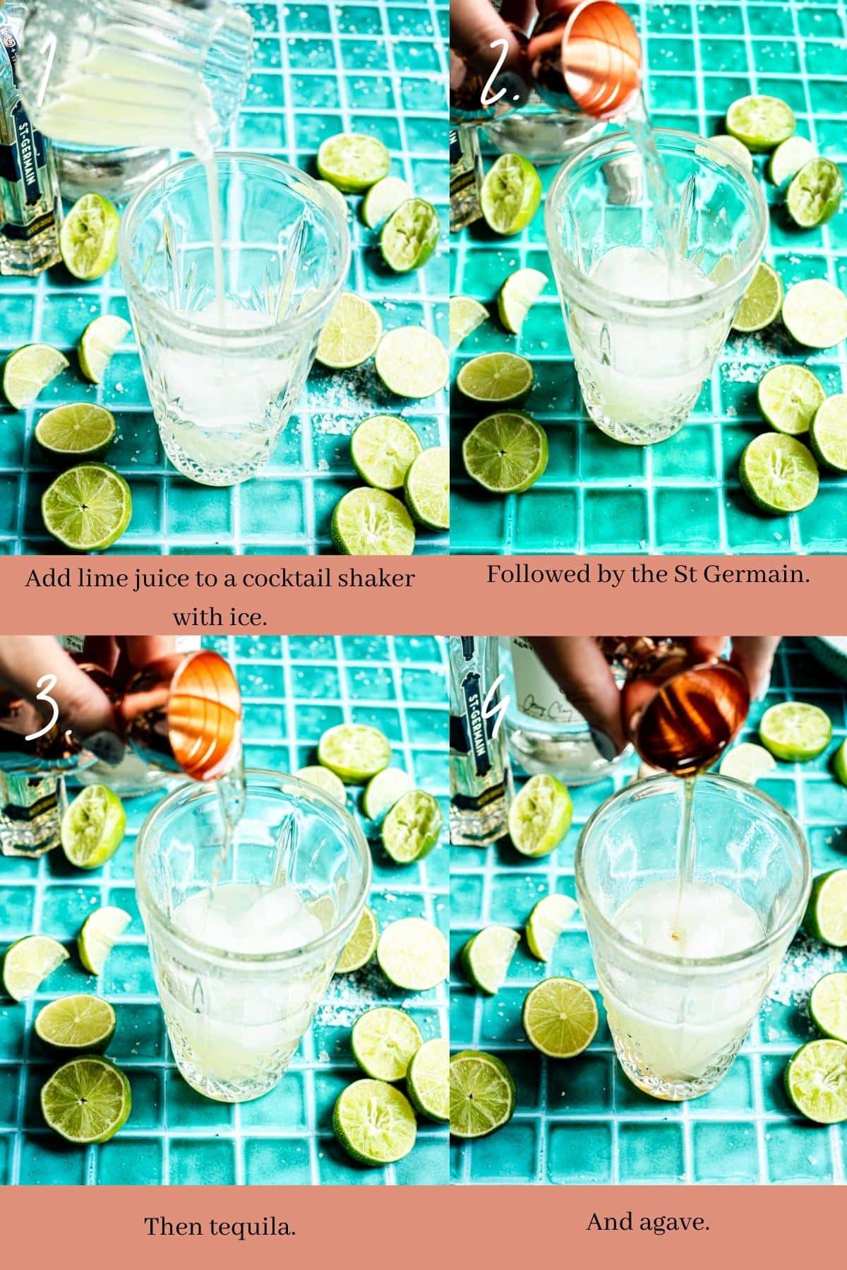 Collage showing how to make an elderflower margarita.