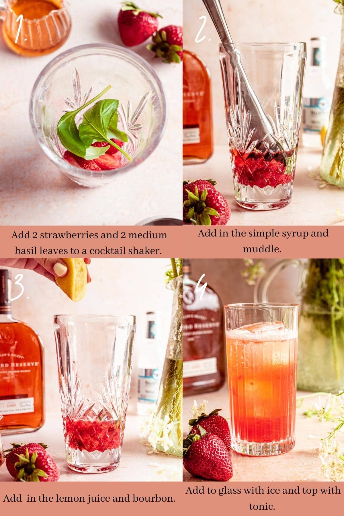 collage showing how to make strawberry bourbon cocktail.
