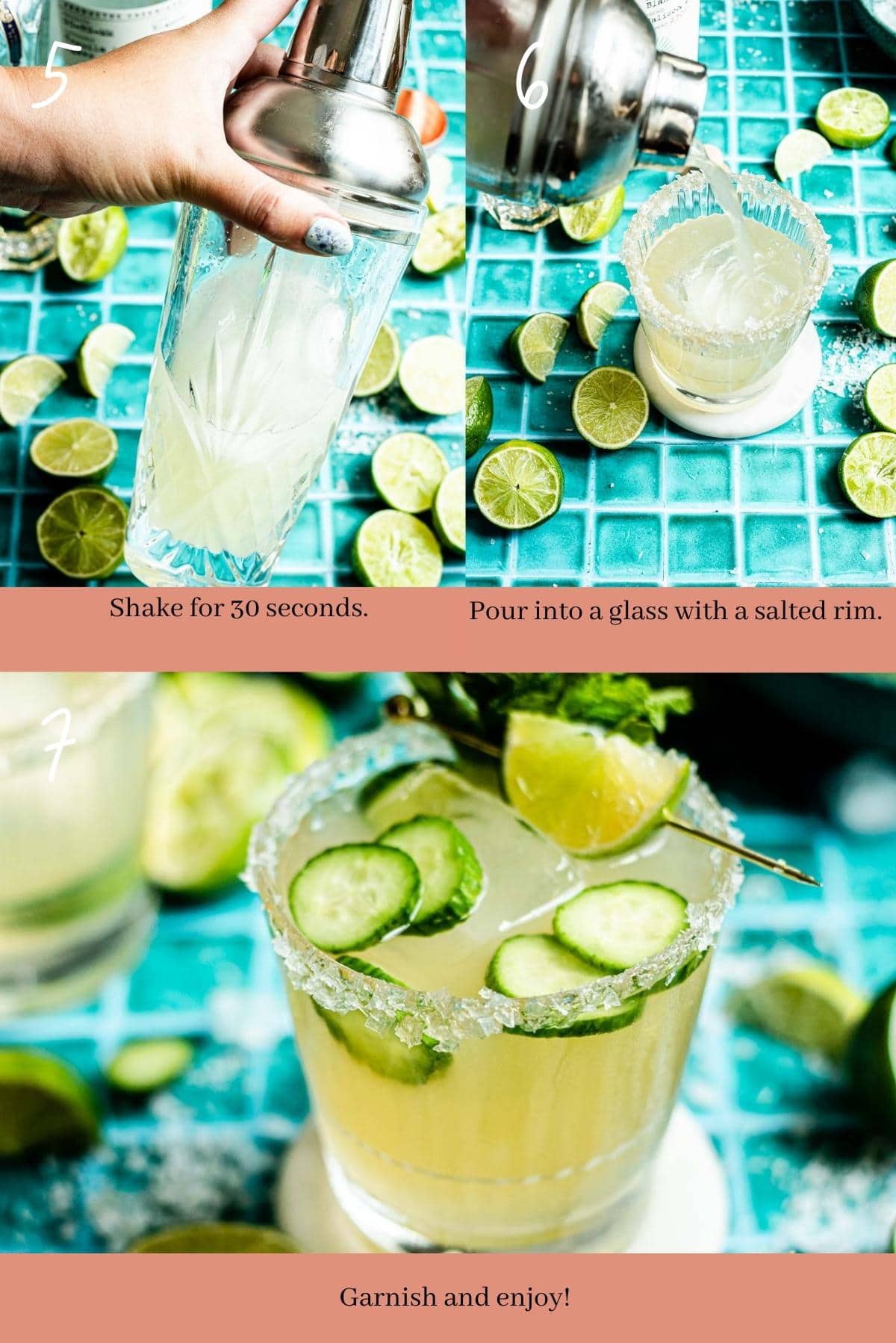 Collage showing how to make an elderflower margarita.