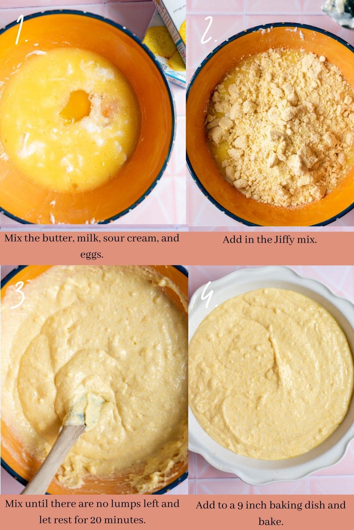 Collage showing how to make sour cream cornbread.