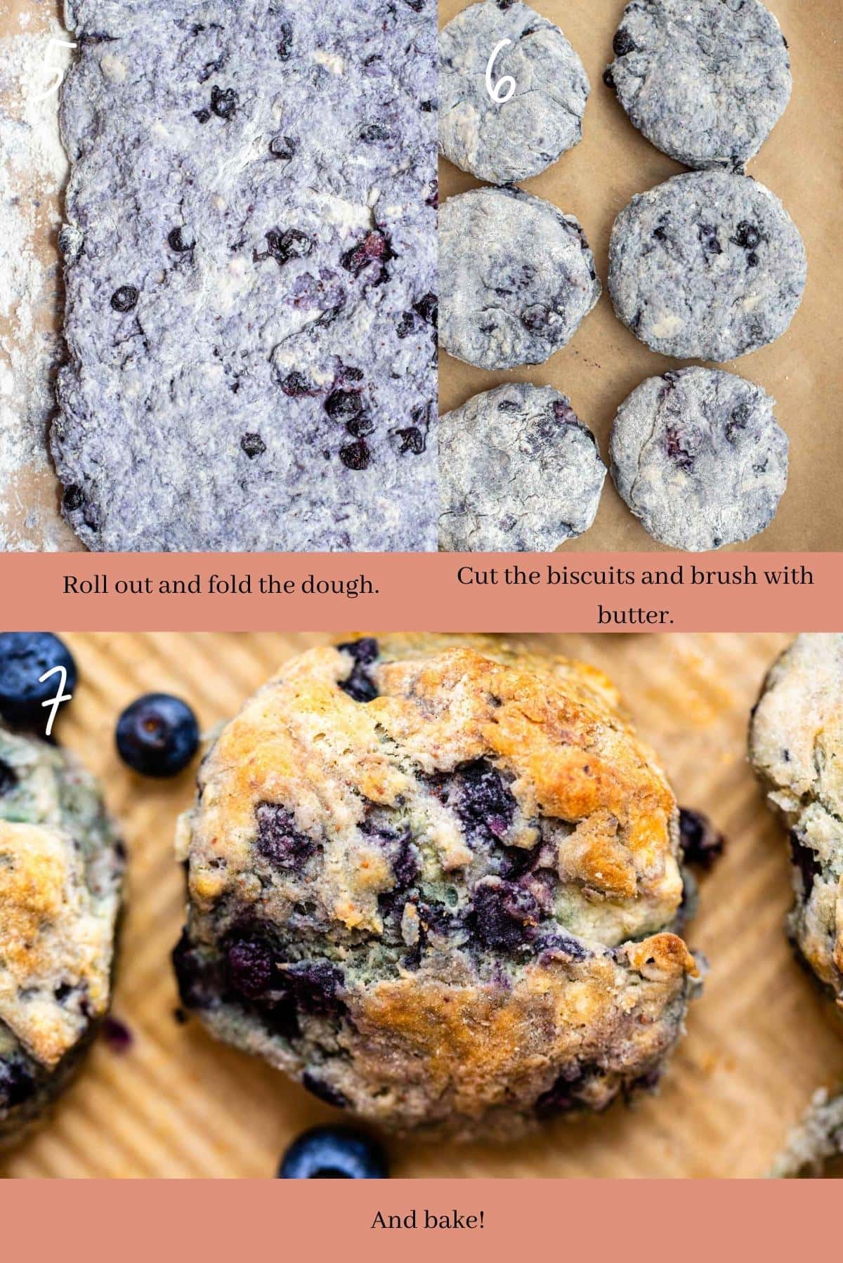 Collage showing how to make blueberry biscuits.