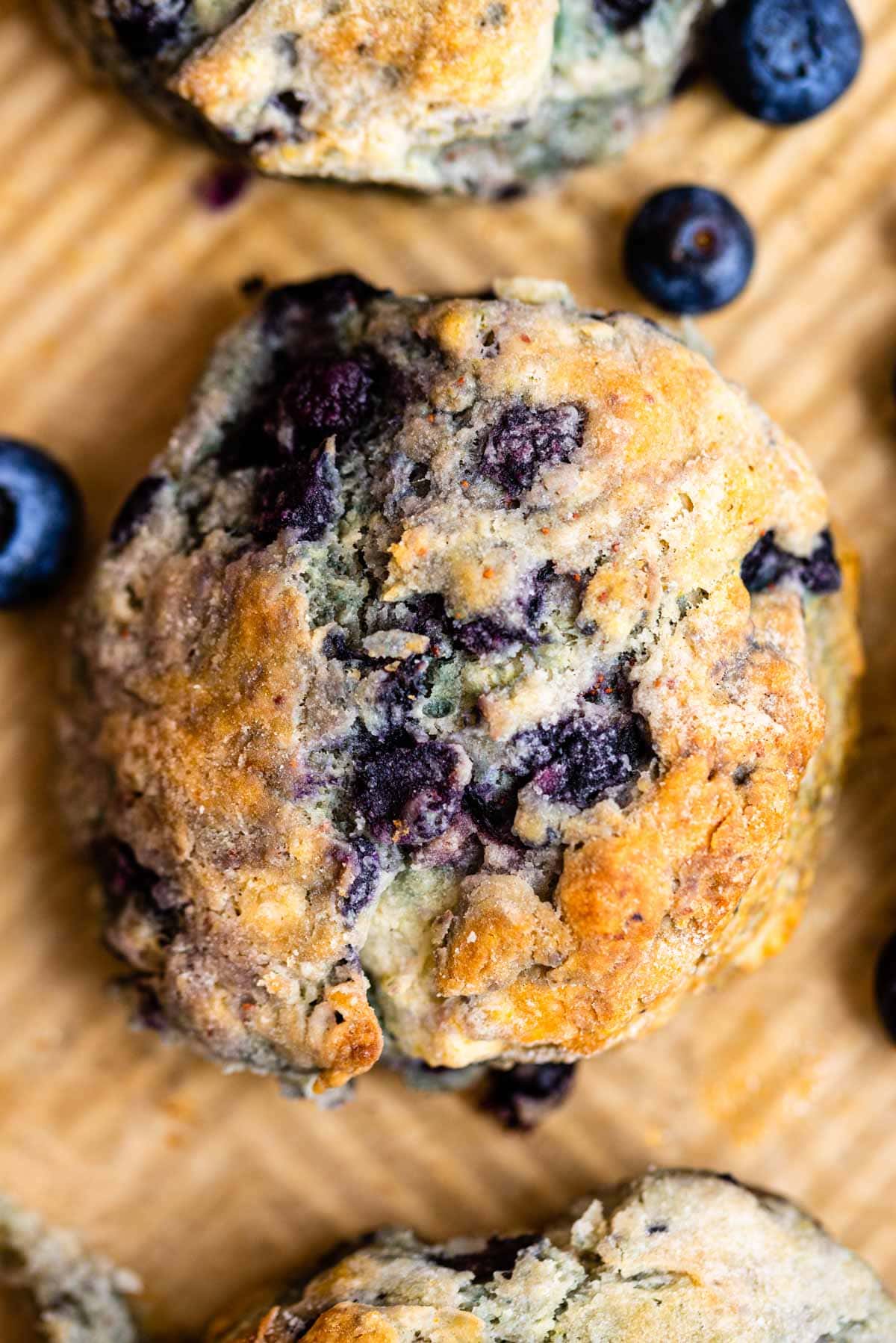 Overhead shot of blueberry biscuit on brown parchment.