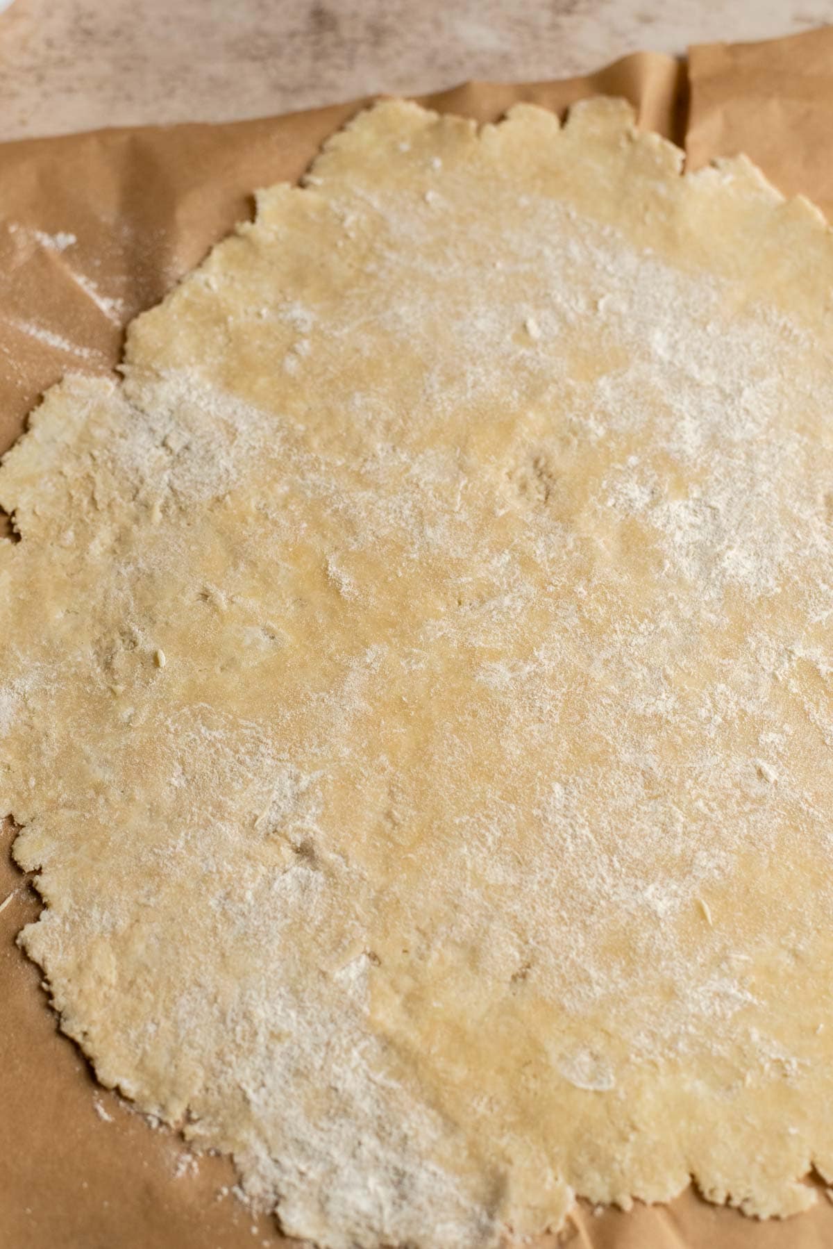 Rolled out dough on parchment paper.