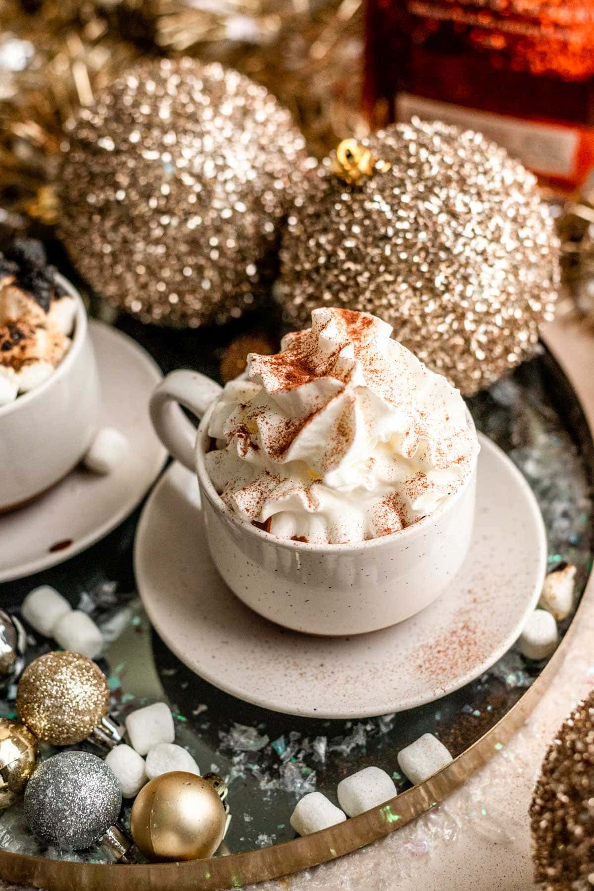 French hot chocolate topped with whipped cream and cinnamon in a white mug with a saucer.