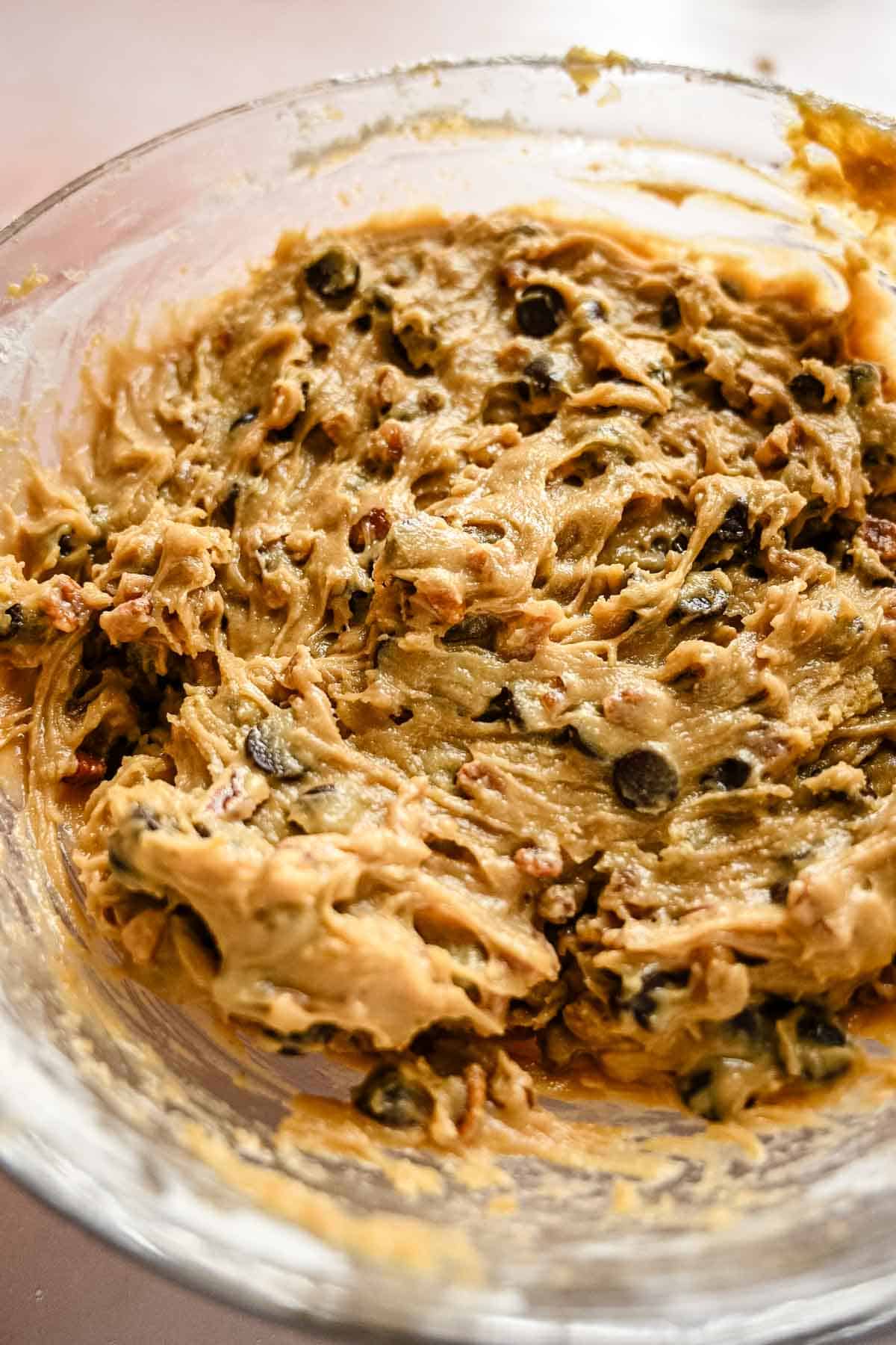 The pecan mixture and the chocolate chips have been added and mixed into the dough.