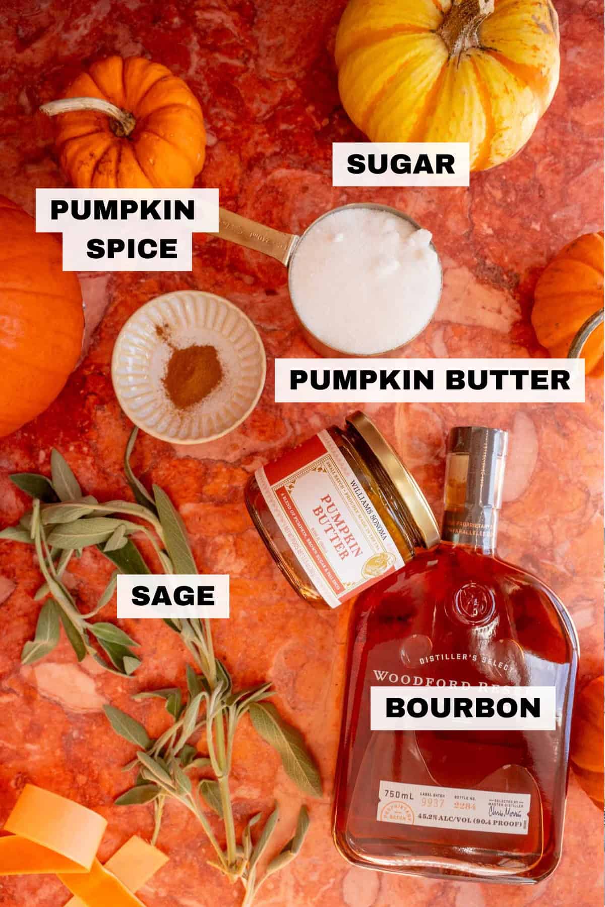 The ingredients for the smashing pumpkin on an orange marble table.