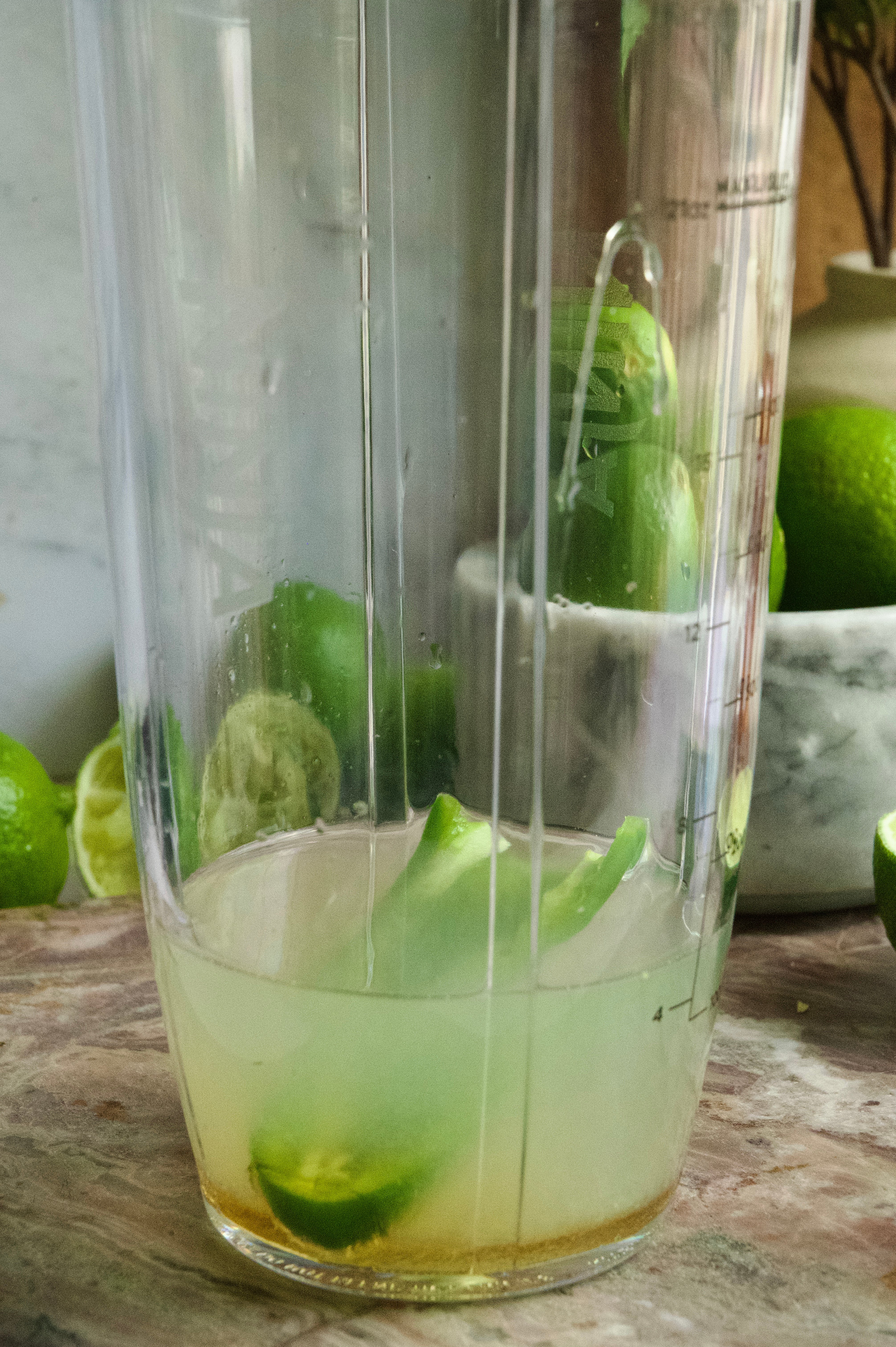 The liquid ingredients in a blender.