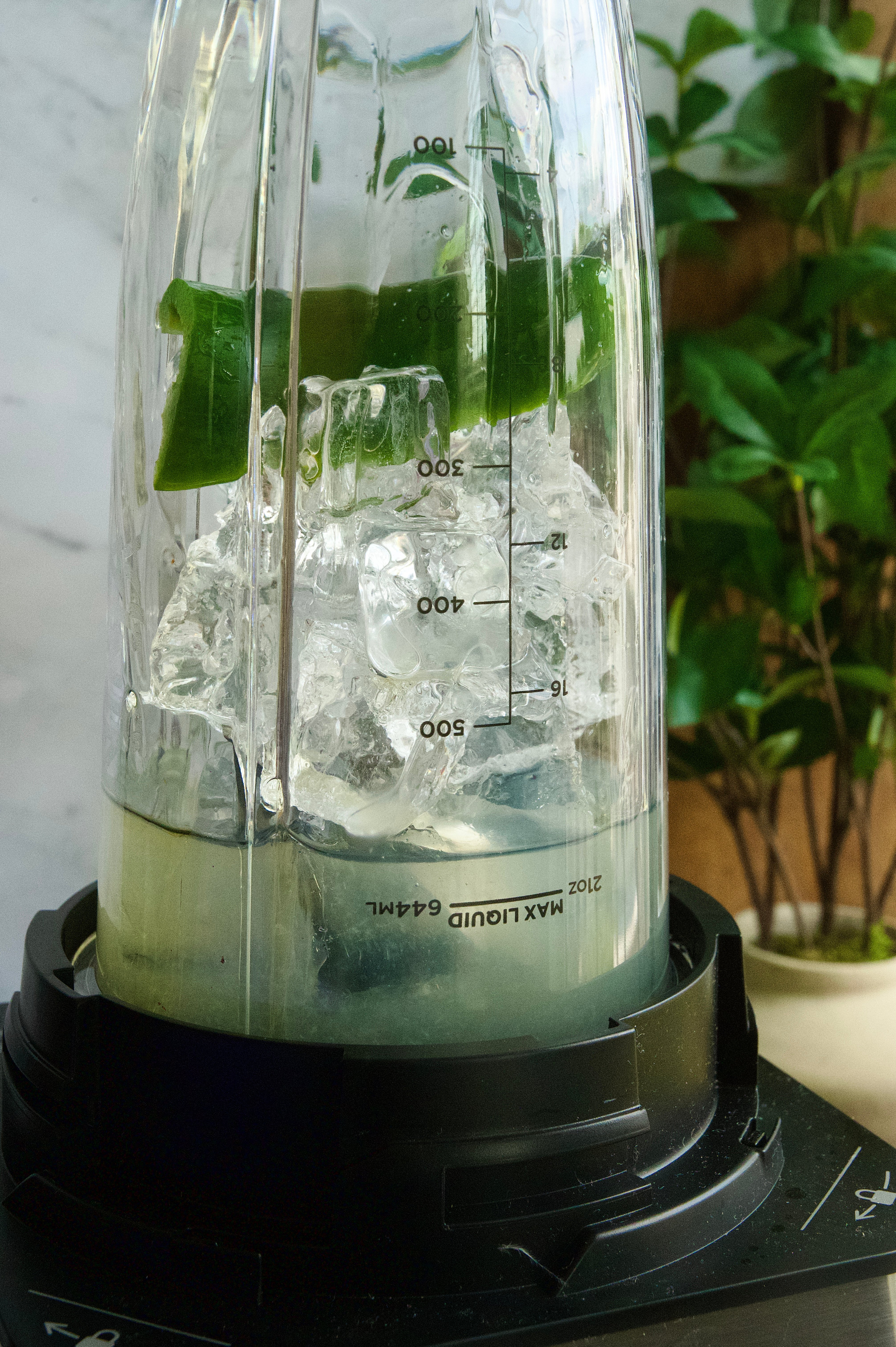 Ice has been added and the blender attached to the base.