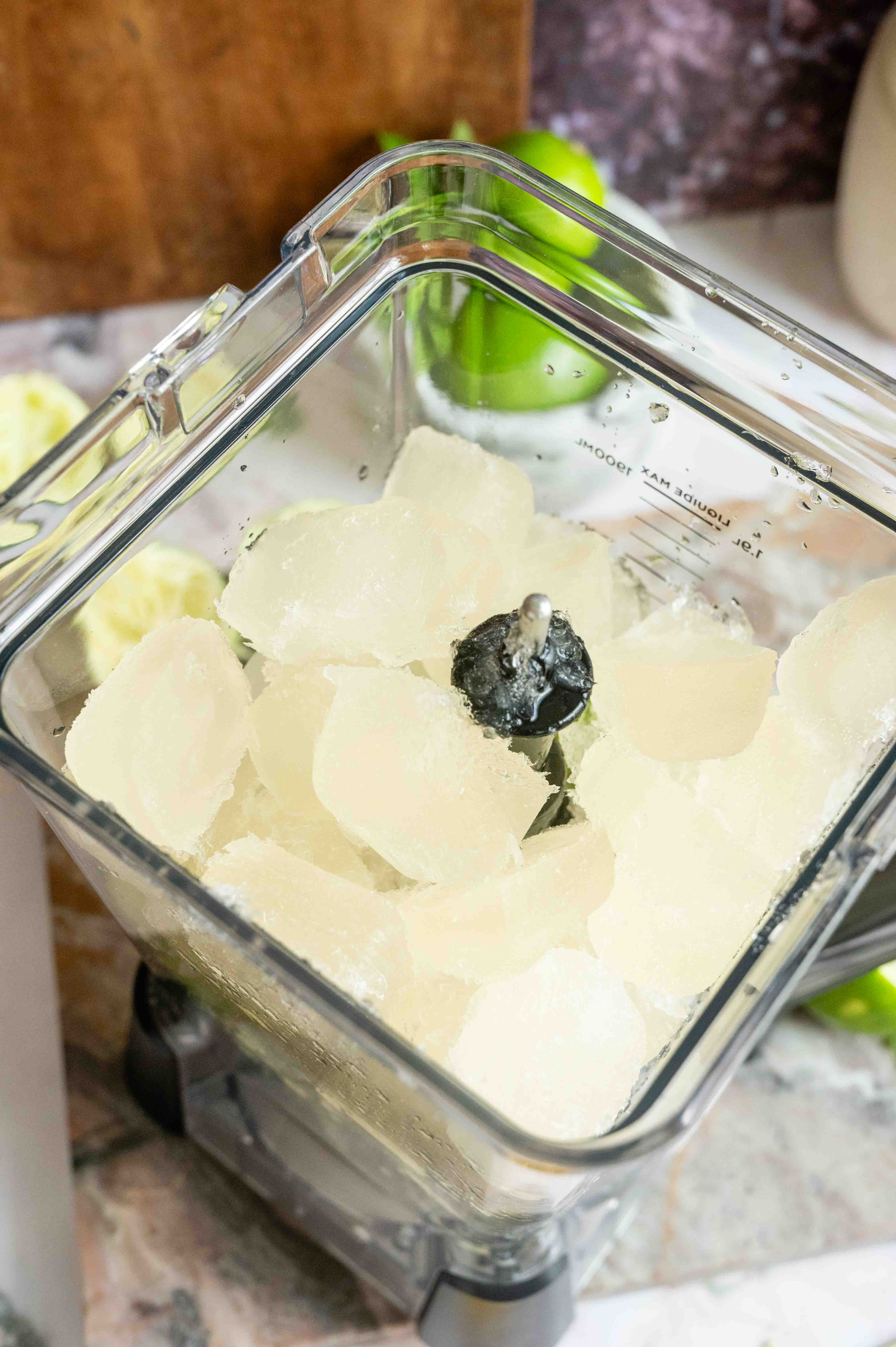 the frozen Sauvignon Blanc ice cubes have been added to the blender.