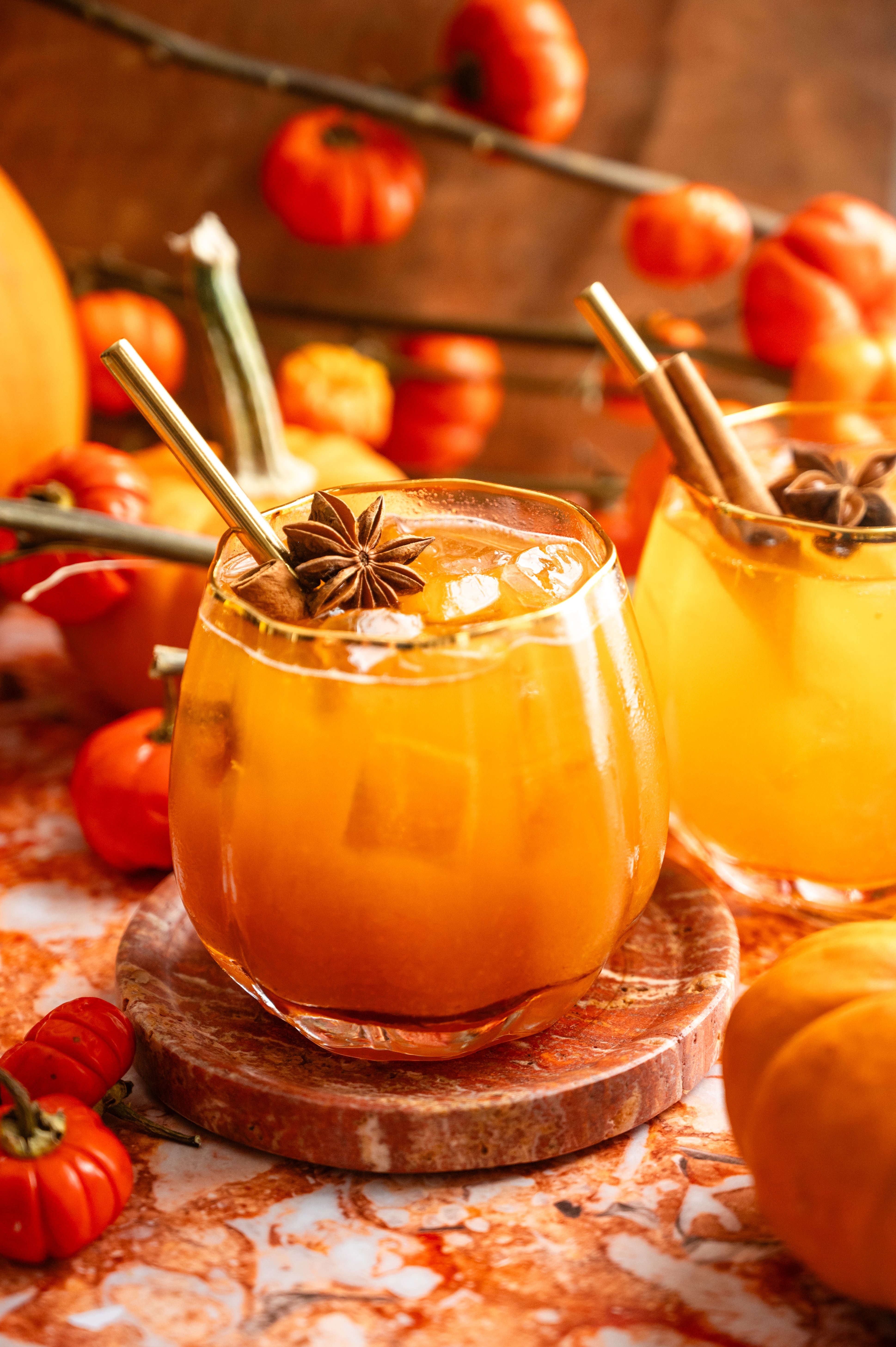 The cocktail has been garnished with a cinnamon stick and star anise.